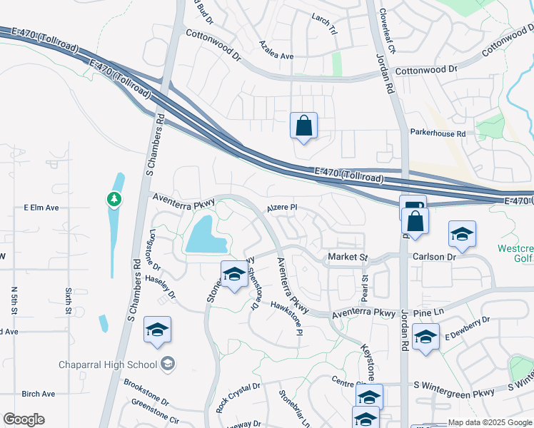 map of restaurants, bars, coffee shops, grocery stores, and more near 9315 Alzere Place in Parker
