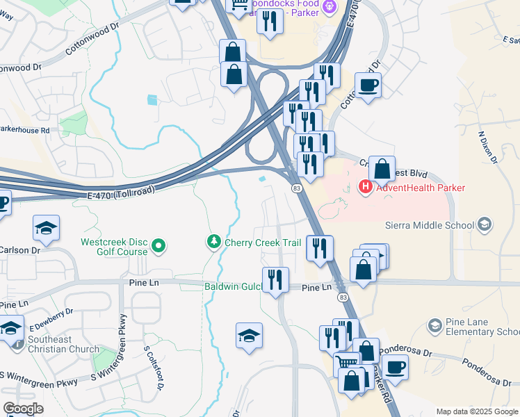map of restaurants, bars, coffee shops, grocery stores, and more near 9283 South Twenty Mile Road in Parker