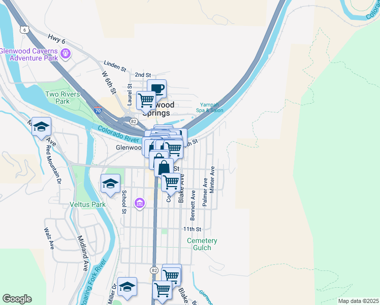map of restaurants, bars, coffee shops, grocery stores, and more near 723 Bennett Avenue in Glenwood Springs