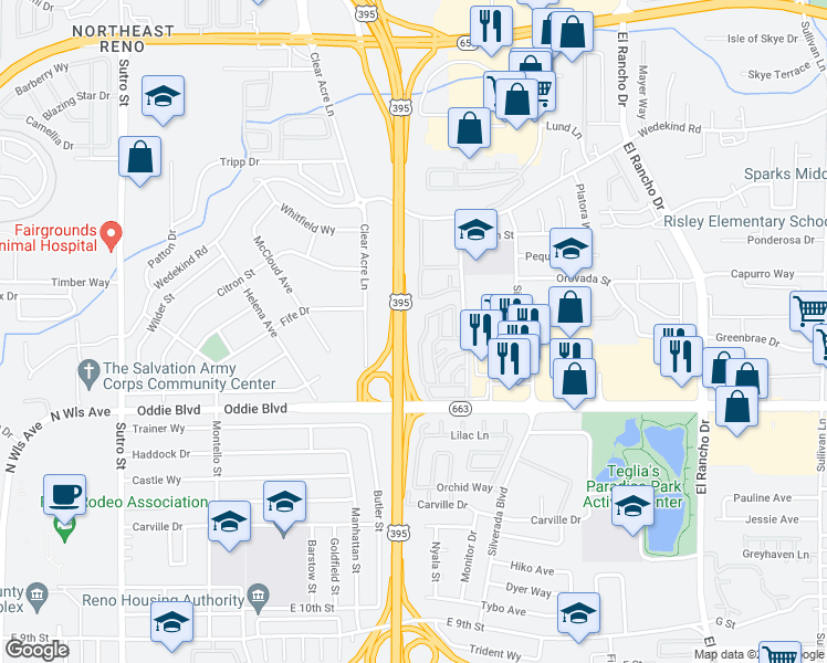 map of restaurants, bars, coffee shops, grocery stores, and more near 2301 Oddie Boulevard in Reno