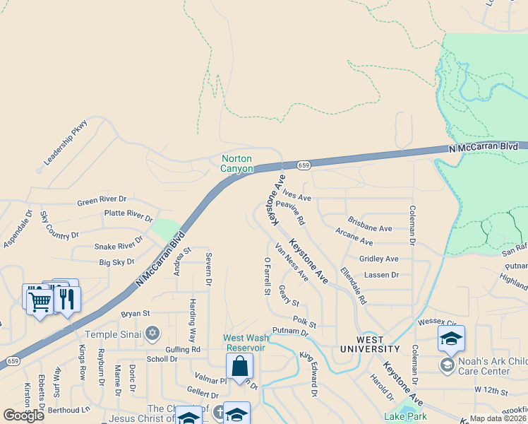 map of restaurants, bars, coffee shops, grocery stores, and more near 1990 Van Ness Avenue in Reno