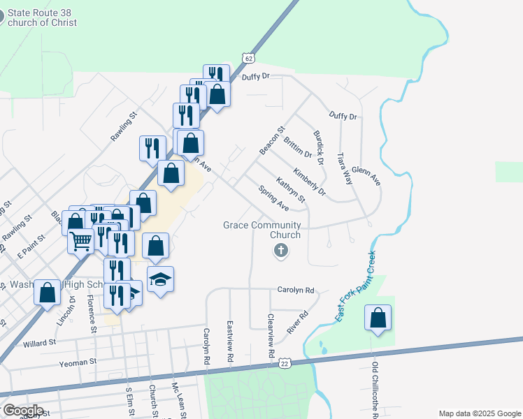 map of restaurants, bars, coffee shops, grocery stores, and more near 110 Summit Lane in Washington Court House
