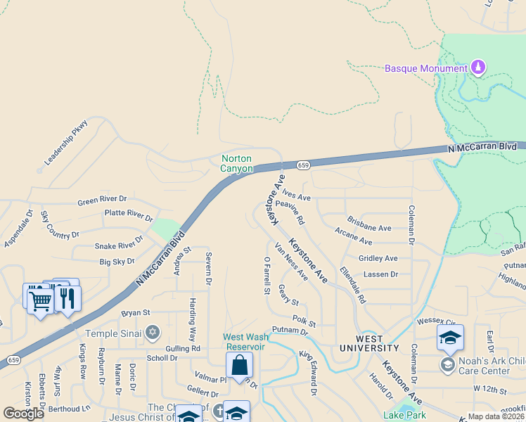 map of restaurants, bars, coffee shops, grocery stores, and more near 1990 Van Ness Avenue in Reno