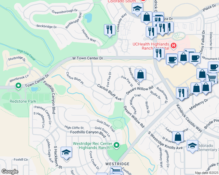 map of restaurants, bars, coffee shops, grocery stores, and more near in Highlands Ranch