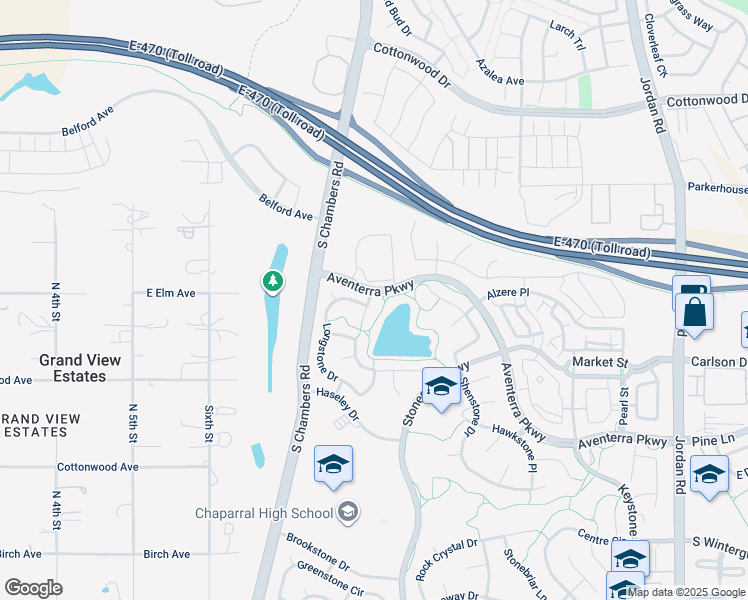map of restaurants, bars, coffee shops, grocery stores, and more near 9282 Longgate Lane in Parker