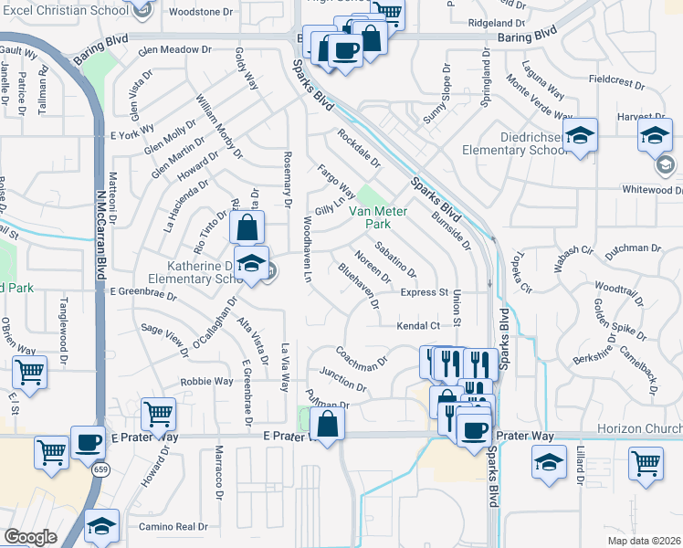 map of restaurants, bars, coffee shops, grocery stores, and more near 1294 Antonio Court in Sparks