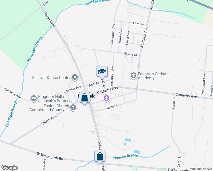 map of restaurants, bars, coffee shops, grocery stores, and more near 2-6 Church Street in Newfield