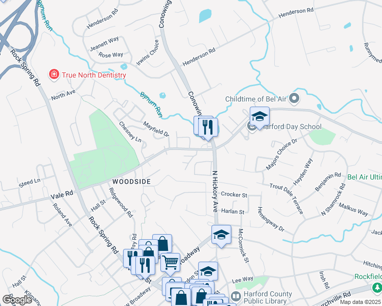 map of restaurants, bars, coffee shops, grocery stores, and more near 449 Moores Mill Road in Bel Air