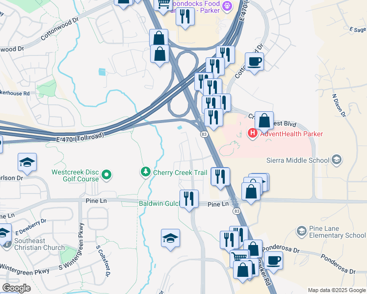 map of restaurants, bars, coffee shops, grocery stores, and more near 9283 South Twenty Mile Road in Parker