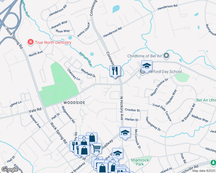 map of restaurants, bars, coffee shops, grocery stores, and more near 451 Moores Mill Road in Bel Air