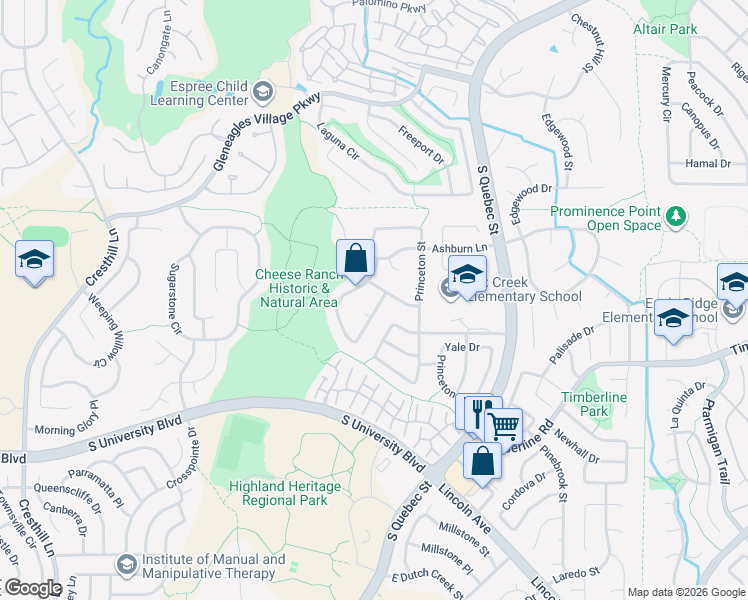 map of restaurants, bars, coffee shops, grocery stores, and more near 9358 Cornell Circle in Littleton