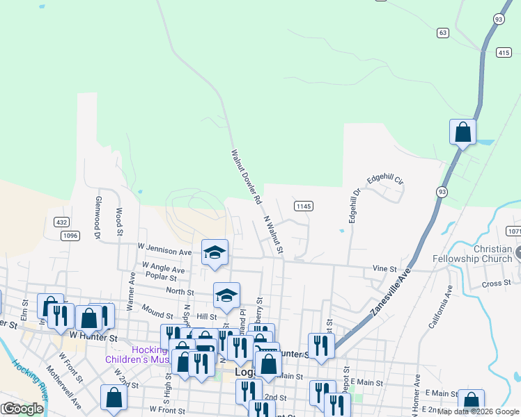 map of restaurants, bars, coffee shops, grocery stores, and more near 731 North Mulberry Street in Logan