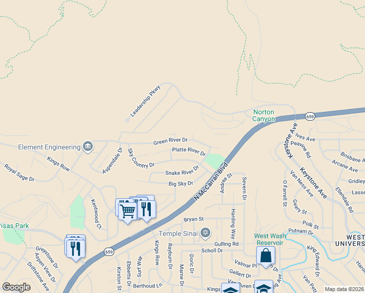 map of restaurants, bars, coffee shops, grocery stores, and more near 3150 Platte River Drive in Reno