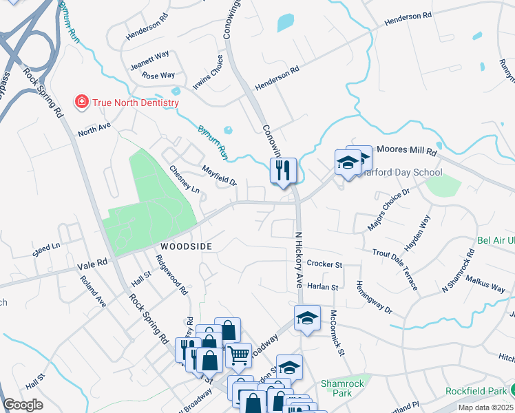 map of restaurants, bars, coffee shops, grocery stores, and more near 453 Moores Mill Road in Bel Air