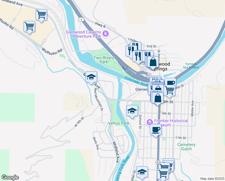 map of restaurants, bars, coffee shops, grocery stores, and more near 619 Cowdin Drive in Glenwood Springs