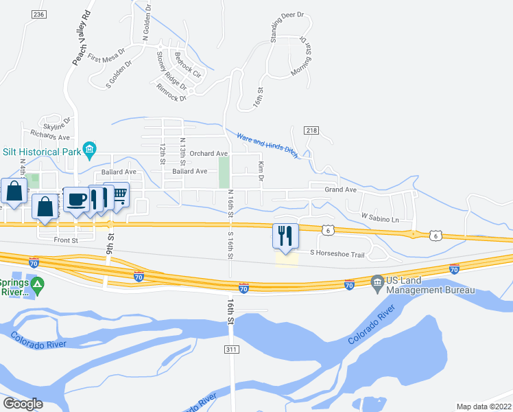 map of restaurants, bars, coffee shops, grocery stores, and more near 205 Kim Drive in Silt