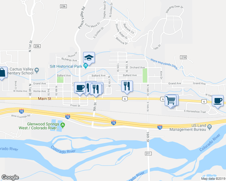 map of restaurants, bars, coffee shops, grocery stores, and more near 1247 Domelby Court in Silt