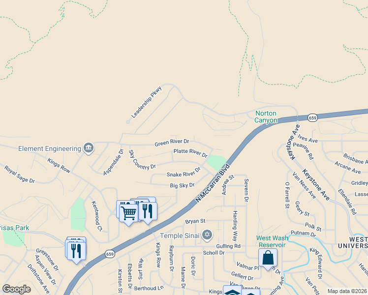 map of restaurants, bars, coffee shops, grocery stores, and more near 3150 Platte River Drive in Reno