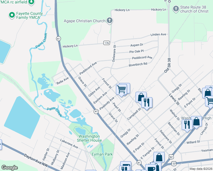map of restaurants, bars, coffee shops, grocery stores, and more near 1128 Pearl Street in Washington Court House