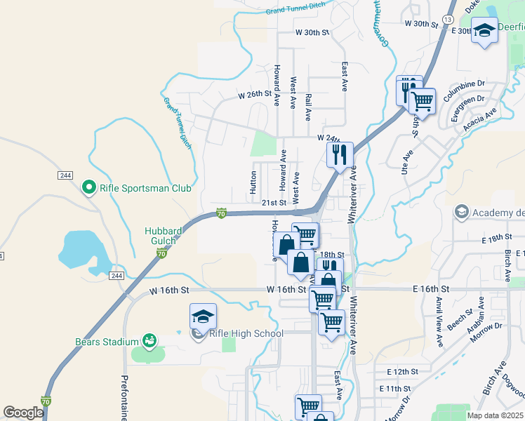 map of restaurants, bars, coffee shops, grocery stores, and more near 200 West 20th Street in Rifle
