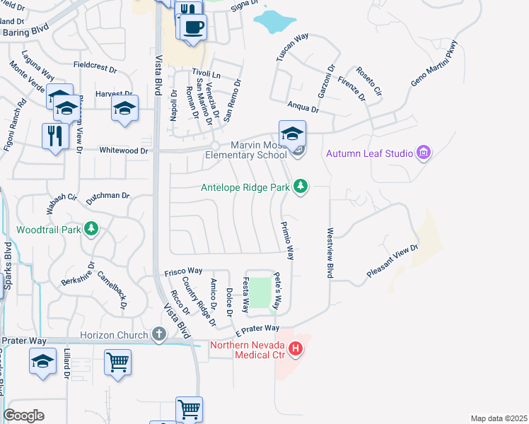 map of restaurants, bars, coffee shops, grocery stores, and more near 1649 Corleone Drive in Sparks