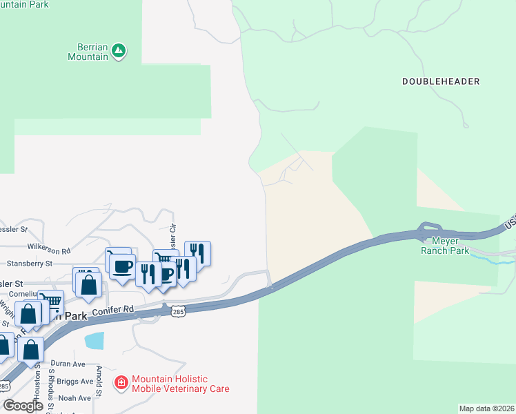 map of restaurants, bars, coffee shops, grocery stores, and more near 9312 Eagle Cliff Road in Conifer