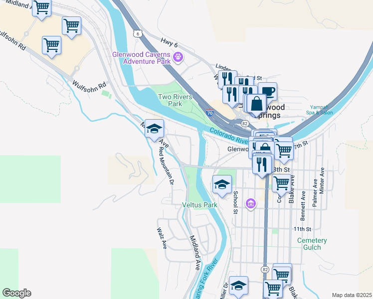 map of restaurants, bars, coffee shops, grocery stores, and more near 710 Cowdin Drive in Glenwood Springs