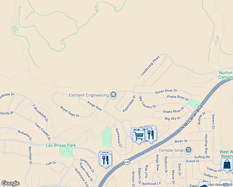 map of restaurants, bars, coffee shops, grocery stores, and more near 3960 Glenview Terrace in Reno