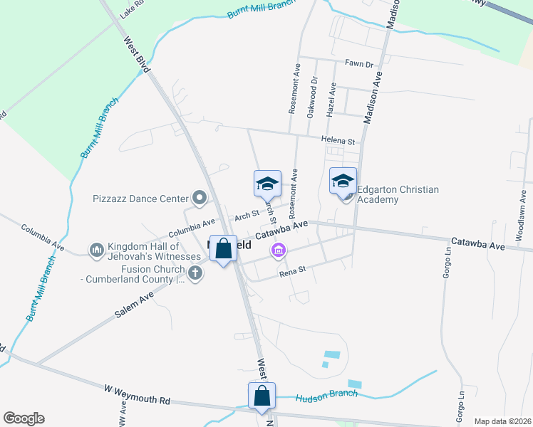 map of restaurants, bars, coffee shops, grocery stores, and more near 6 Church Street in Newfield