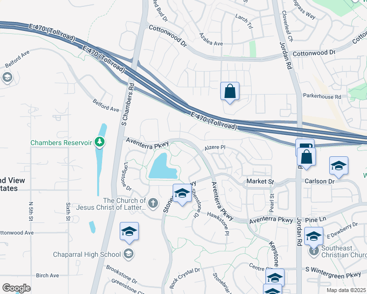 map of restaurants, bars, coffee shops, grocery stores, and more near 9285 Melborne Court in Parker