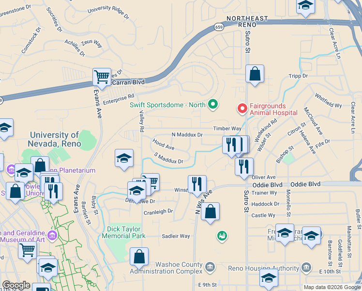 map of restaurants, bars, coffee shops, grocery stores, and more near 730 Hood Avenue in Reno