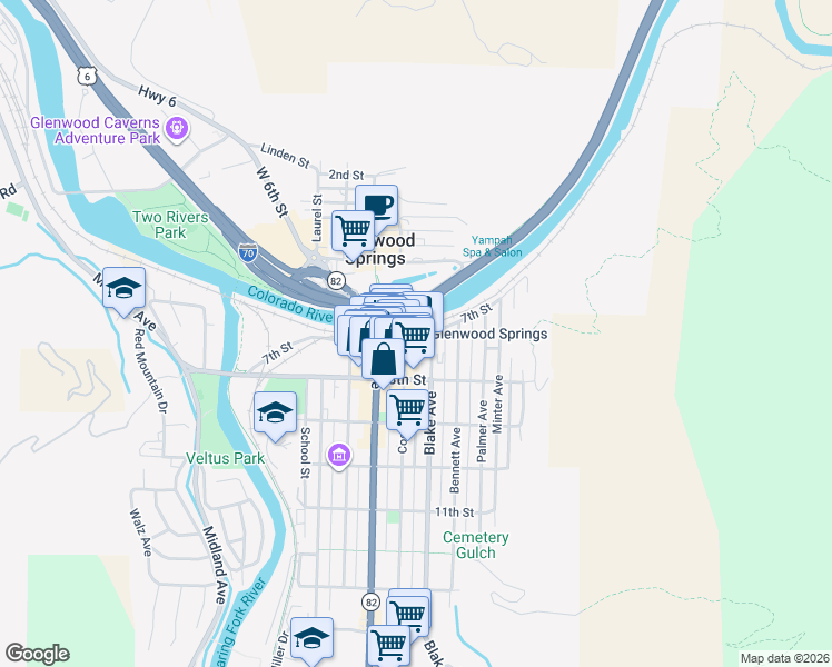 map of restaurants, bars, coffee shops, grocery stores, and more near 413 7th Street in Glenwood Springs