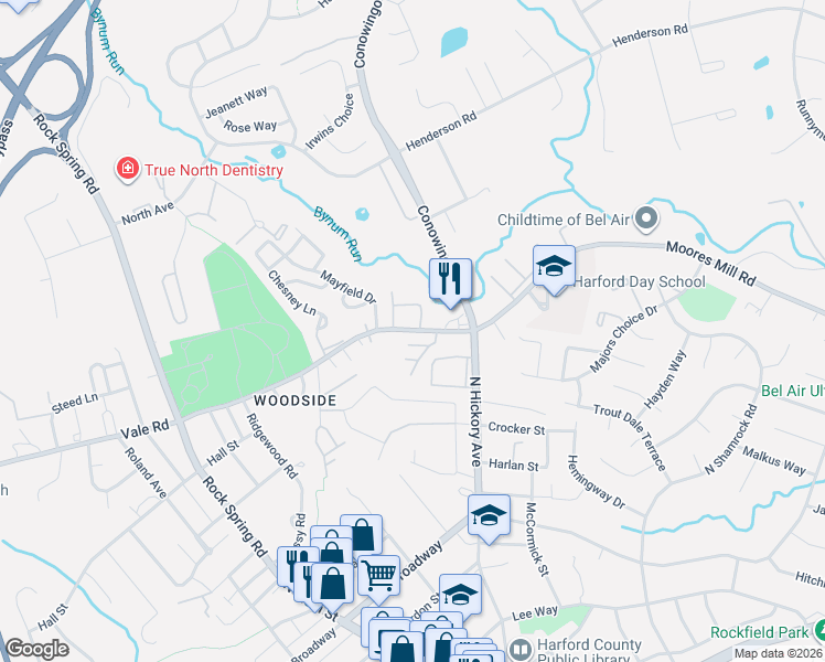 map of restaurants, bars, coffee shops, grocery stores, and more near 479 Moores Mill Road in Bel Air