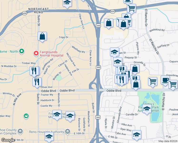 map of restaurants, bars, coffee shops, grocery stores, and more near 1985 Clear Acre Lane in Reno