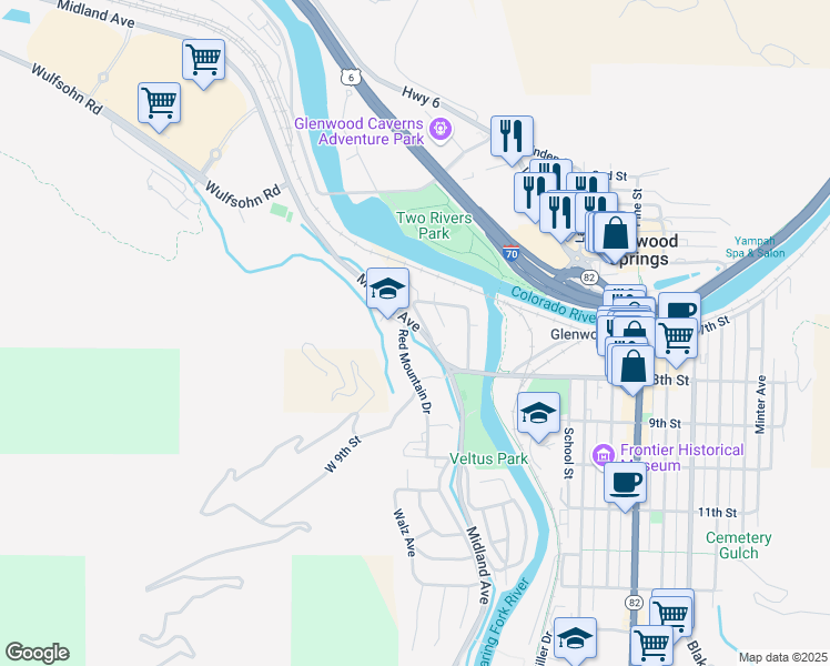 map of restaurants, bars, coffee shops, grocery stores, and more near 701 Midland Avenue in Glenwood Springs