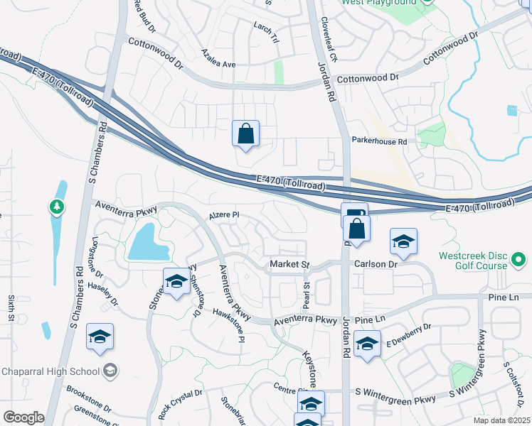 map of restaurants, bars, coffee shops, grocery stores, and more near 9305 Las Ramblas Court in Parker