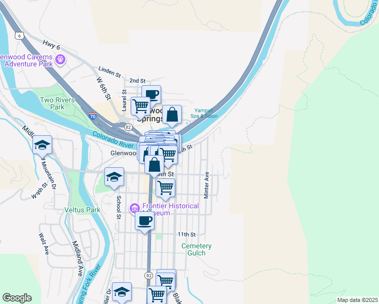 map of restaurants, bars, coffee shops, grocery stores, and more near 723 Bennett Avenue in Glenwood Springs