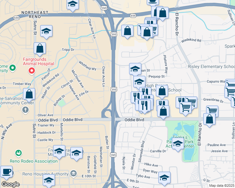 map of restaurants, bars, coffee shops, grocery stores, and more near 2301 Oddie Boulevard in Reno