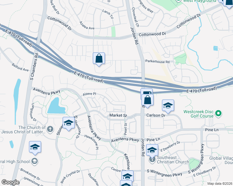 map of restaurants, bars, coffee shops, grocery stores, and more near Alzere Place in Parker