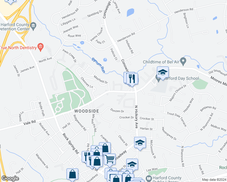 map of restaurants, bars, coffee shops, grocery stores, and more near 804 Old English Court in Bel Air