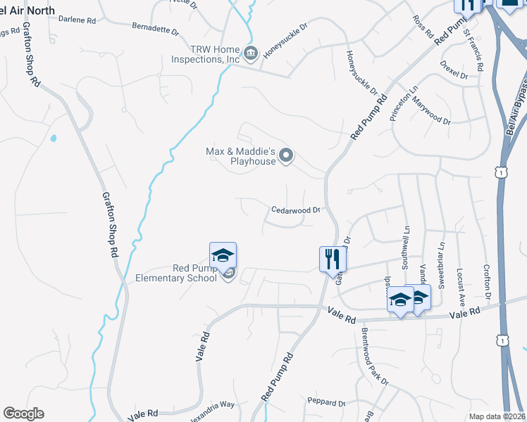 map of restaurants, bars, coffee shops, grocery stores, and more near 1522 Cedarwood Drive in Bel Air