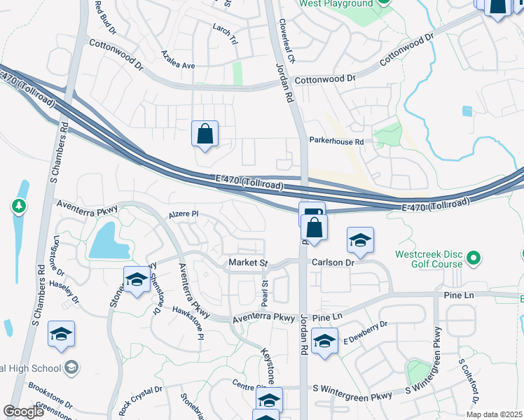 map of restaurants, bars, coffee shops, grocery stores, and more near 16701 Market Street in Parker