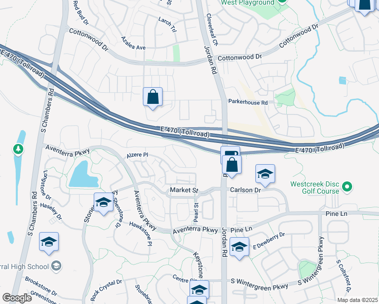 map of restaurants, bars, coffee shops, grocery stores, and more near 16701 Market Street in Parker