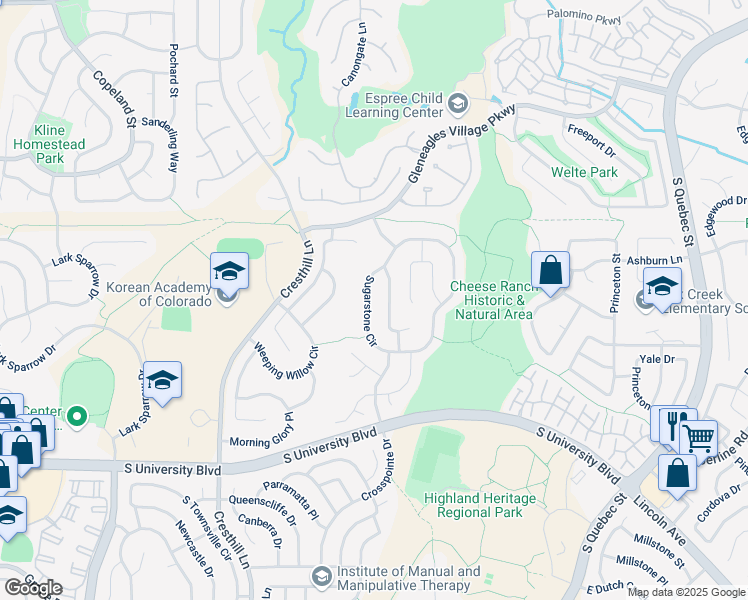 map of restaurants, bars, coffee shops, grocery stores, and more near 9153 Sugarstone Circle in Littleton
