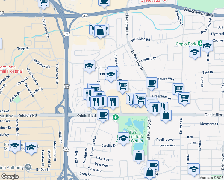 map of restaurants, bars, coffee shops, grocery stores, and more near 2424 Silverada Boulevard in Reno
