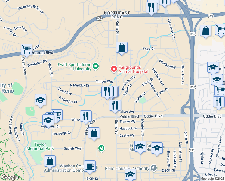 map of restaurants, bars, coffee shops, grocery stores, and more near 826 Wedekind Road in Reno