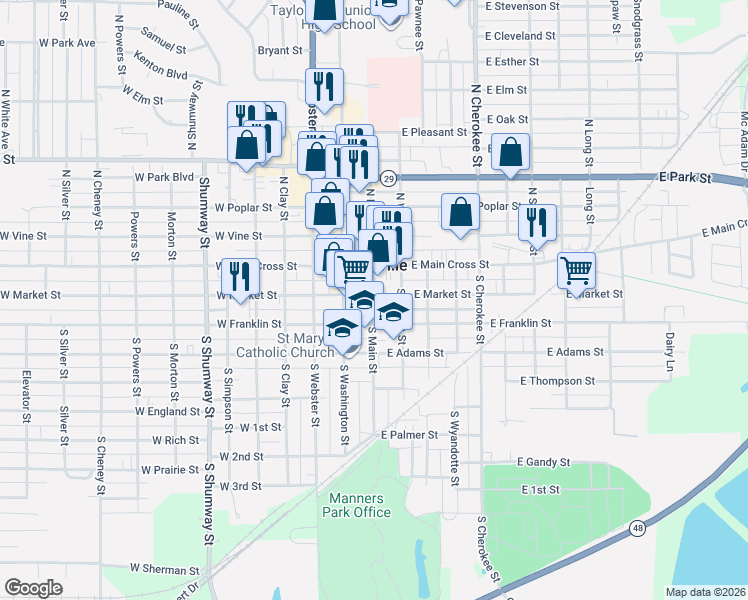 map of restaurants, bars, coffee shops, grocery stores, and more near 100 East Market Street in Taylorville