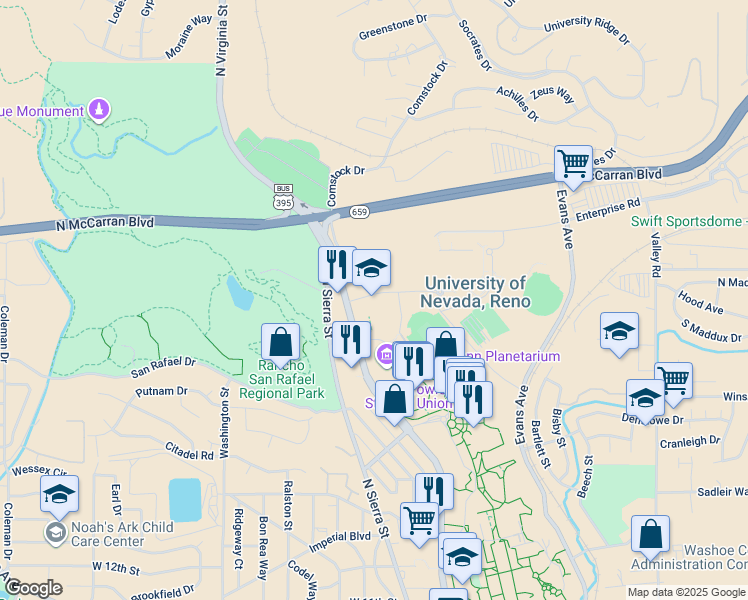 map of restaurants, bars, coffee shops, grocery stores, and more near 1664 North Virginia Street in Reno