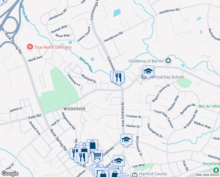 map of restaurants, bars, coffee shops, grocery stores, and more near 438 Moores Mill Road in Bel Air