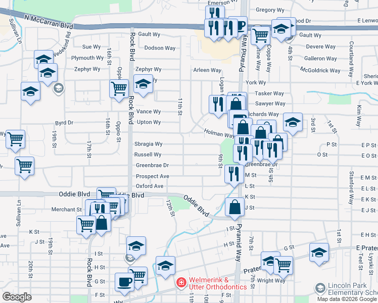 map of restaurants, bars, coffee shops, grocery stores, and more near 1012 Sbragia Way in Sparks